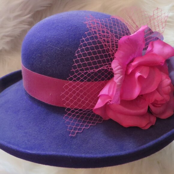 Perky Bollman Purple Doeskin Wool Hat w/Brim &Pink Floral Trim - Picture 2 of 4